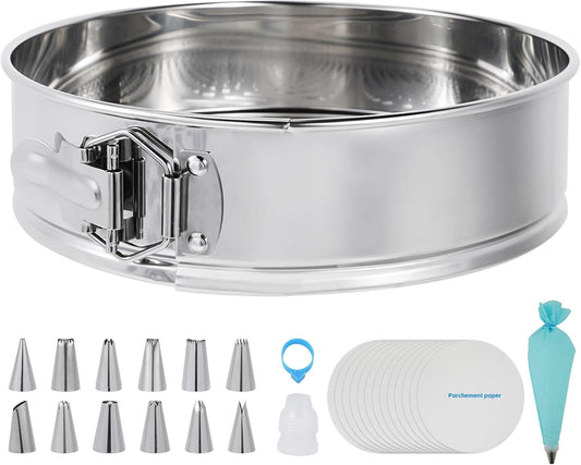 Aufind 10 Inch Springform Pan for Baking, 304 Stainless Steel Cheesecake Pan with Removable Bottom, Includes 12 Piping Tips and 50 Parchment Papers for Pie Cake Pizza and Quiches(10" Cake pan)