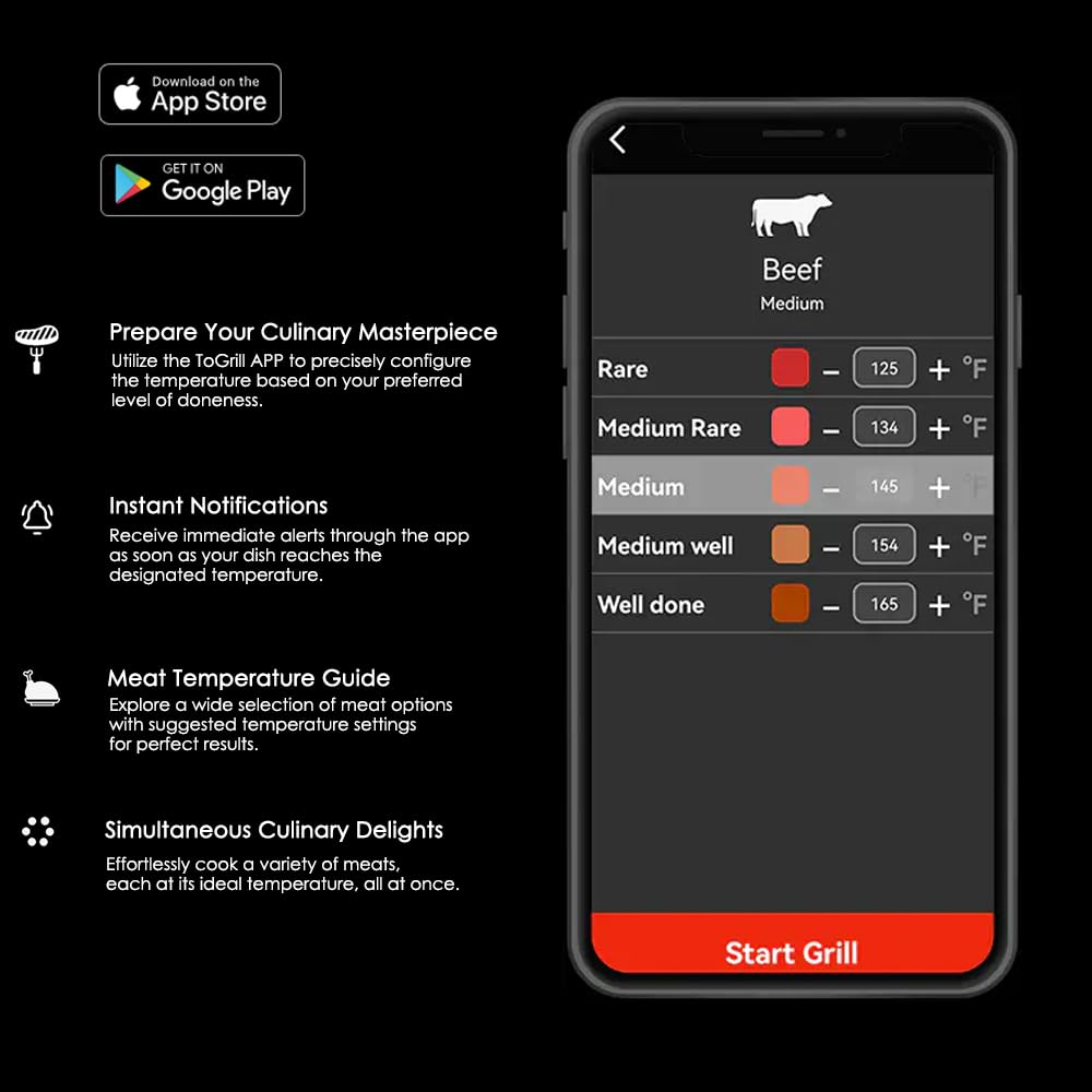 Wireless Meat Thermometer for Grilling – Bluetooth 5.2 Smart Cooking Thermometer with App, Rechargeable, 304 Stainless Steel, Long Range, Food-Grade for Oven, Smoker, BBQ