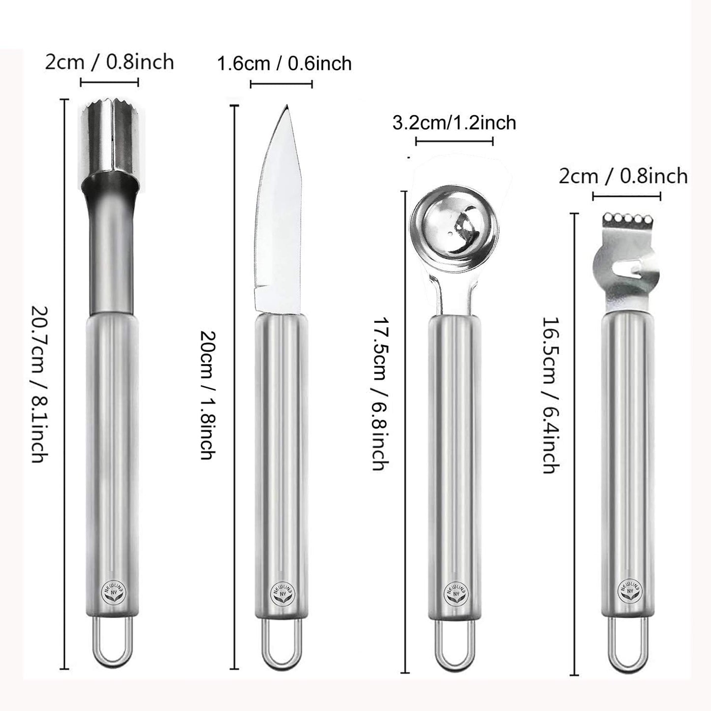 NewlineNY Stainless Steel Kitchen Tools: Zester Grater with Channel Knife, Apple Cupcake Corer, Fruit and Melon Scooper, Fruit & Veggie cutting knife, 4 Pcs Set