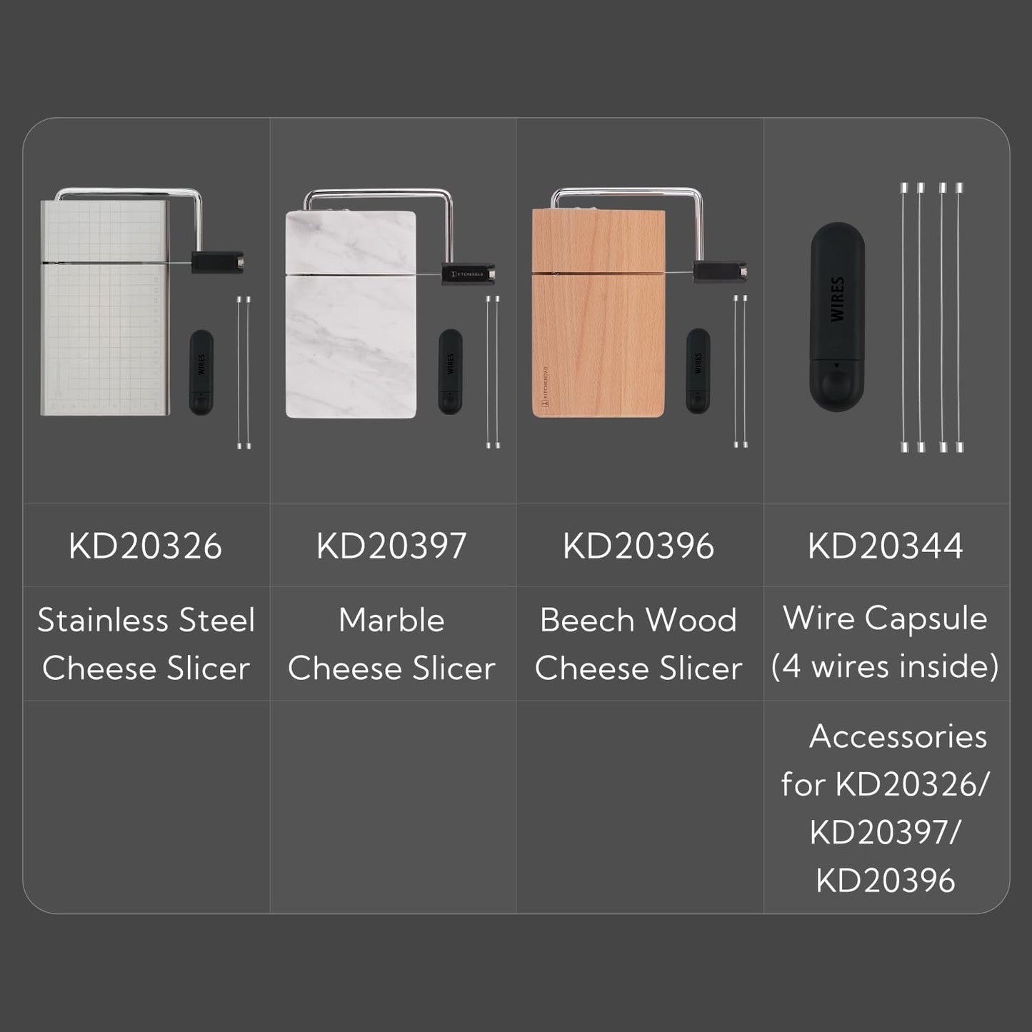 KITCHENDAO Replaceable Wire Cheese Slicer with Board and Measuring Grids,Tightness Adjustable Cheese Slicer, Stainless Steel Metal Cheese Cutter for Block Cheese, Dishwasher Safe, with 2 Extra Wires