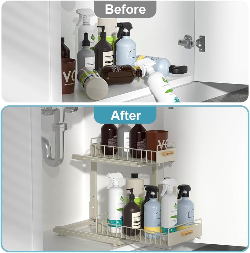 Under Sink Organizer, Pull Out Kitchen Cabinet Organizer 2 Tier Slide Out Under Sink Organizers and Storage, Sink Shelf Cabinet Storage Shelves for Kitchen Bathroom Pantry, Grey