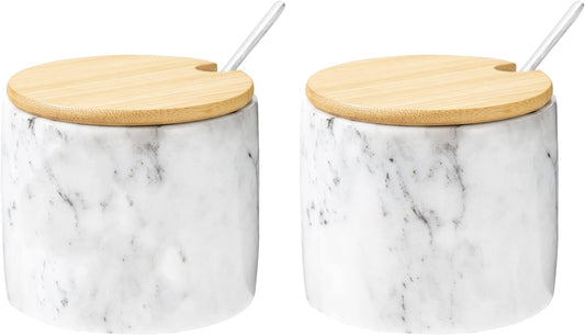 Marble Salt Cellar Set, 2 PCS 11oz Salt and Pepper bowls, Handcrafted from Natural Marble, Smooth Inside (White & White Set)