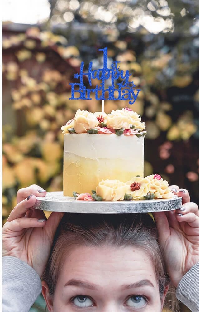 Glittery 1st Happy Birthday Cake Topper with Star,Personalised 1 Birthday Cake Toppers Party Decorations Party Supplies for Baby Boys Girls Blue