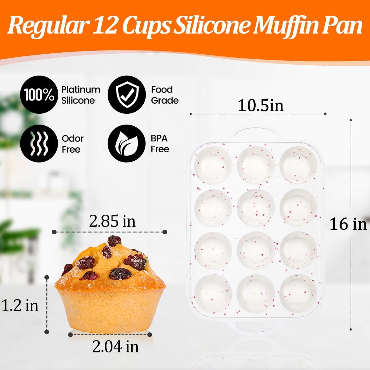 Regular Size Muffin Pan with Metal Reinforced Frame, Silicone Cupcake Pan Easy to Handle Nonstick 12 Cups Silicone Muffin Pans for Baking BPA Free 2 Pack