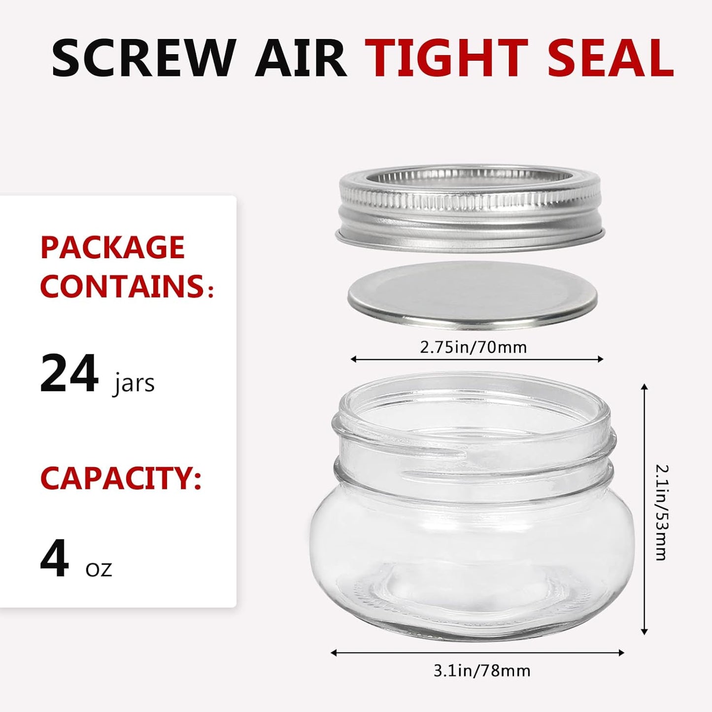 BETROME 4 oz Mason Jars, 24 Pack 120ml Glass Canning Jars with Regular Mouth Lids, Glass Jars Storage Containers for Overnight Oats, Jam, Jelly,Honey, Beans, Spice, Wedding Party Favors, Shower Favors