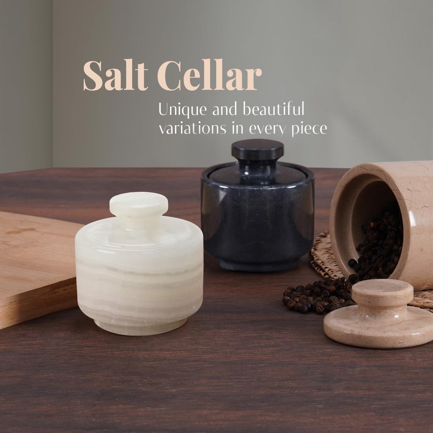 Marble Salt Cellar 3 Inch White Onyx Salt Holder With Lid for Spice Jar & Stone Salt Container, Modern Sugar Bowl