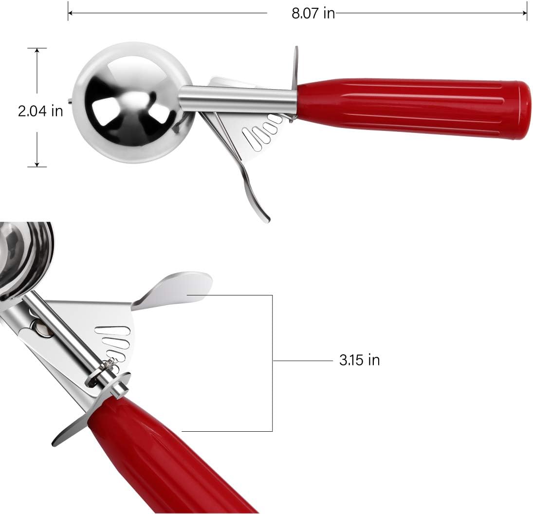 Commercial-Grade Ice Cream Scooper 1.33 oz, 18/8 Stainless Steel Cookie Scoop with Plastic Handle, Portion Control Disher Scoop for Bakeries, Restaurants & Dessert Shops, #24, Red