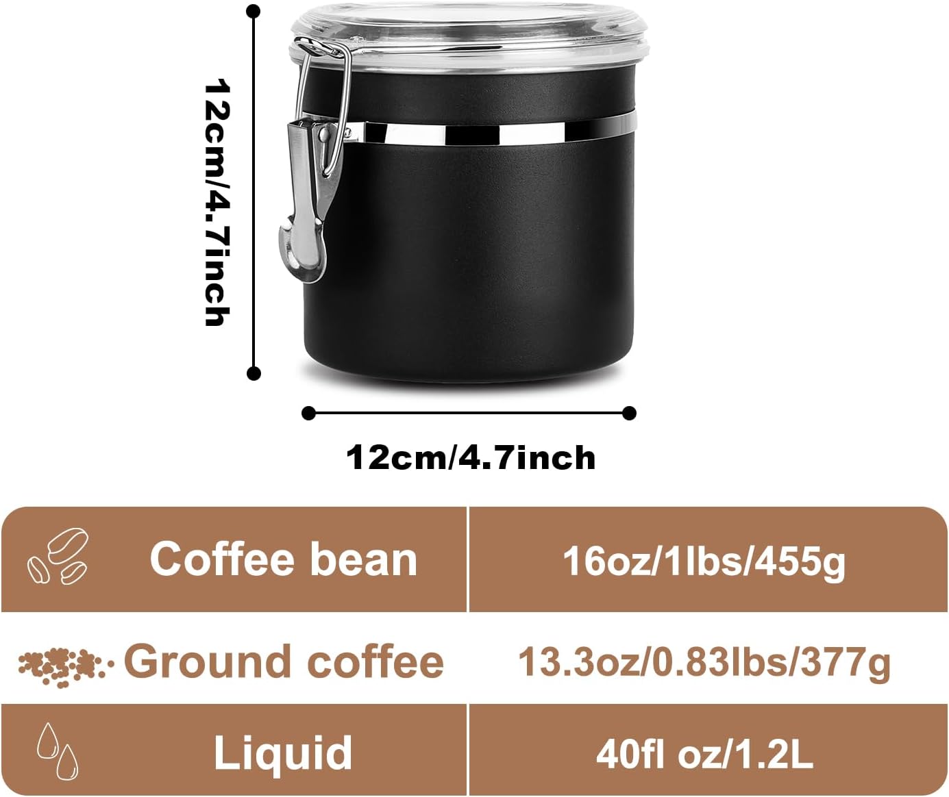 Stainless Steel Food Container with Clear Lids Airtight Storage Container Stackable Small Canisters Kitchen Pantry Storage for Cereal, Snacks, Candy, Herbs, Spices, Sugar, Tea (1.2L Black)