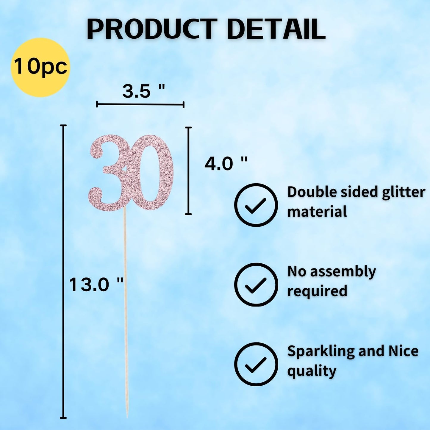 10-Pack Double Sided Glitter 30th Birthday Centerpiece Anniversary Centerpiece Sticks, Number 30 Table Topper Cake Topper for 30th Birthday Anniversary Table Party Decorations (Double Sided rose gold)