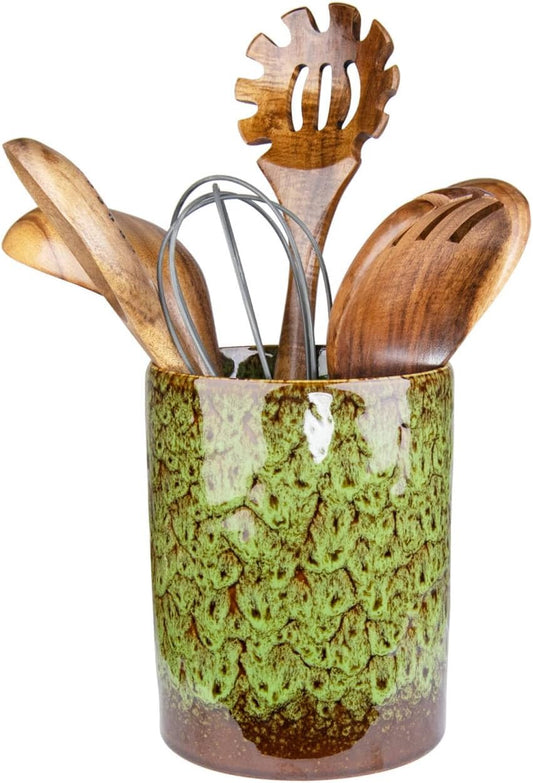 Utensil Holder, Ceramic Kitchen Utensil Holder for Countertop, Large Cooking Utensil Crocks for Kitchen Counter, Morden Utensil Organizer for Spatula, kitchen Decor,Green