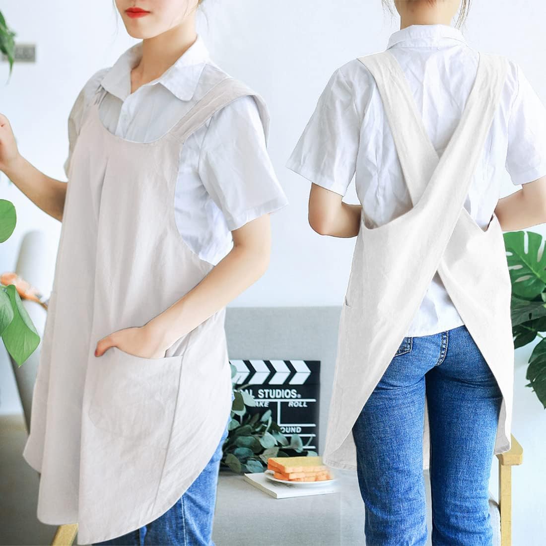 NEWGEM Japanese Linen Cross Back Cooking Aprons for Women Men with Pockets Cute for Baking Kitchen