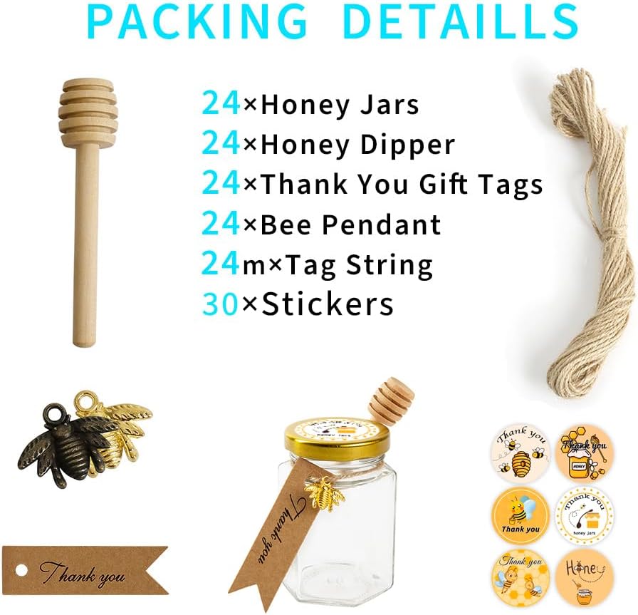 12 Pack 4oz Glass Hexagon Honey Jars Golden Lids - Extra Wooden Honey Dipper Sticks, Bee Charms, Tag String, Thank You Gift Tags, Stickers (Golden 12 Stickers)