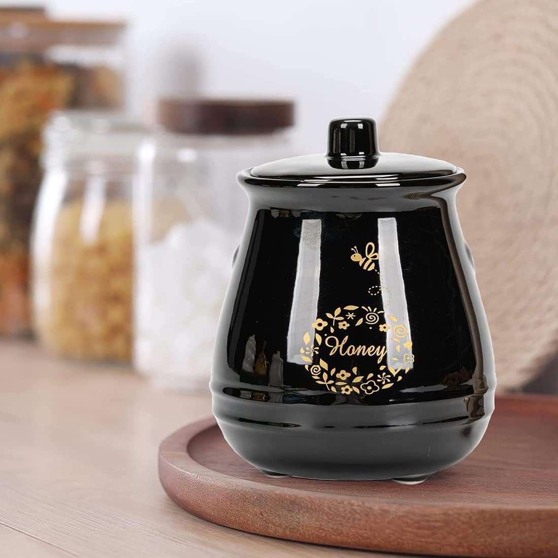 Ceramic Honey Jar with Wooden Honey Dipper-Honey Pot with Dipper- Honey Jar with Stand, Great Bee Decor- Farmhouse Kitchen Decor (Honey Jar-Black)