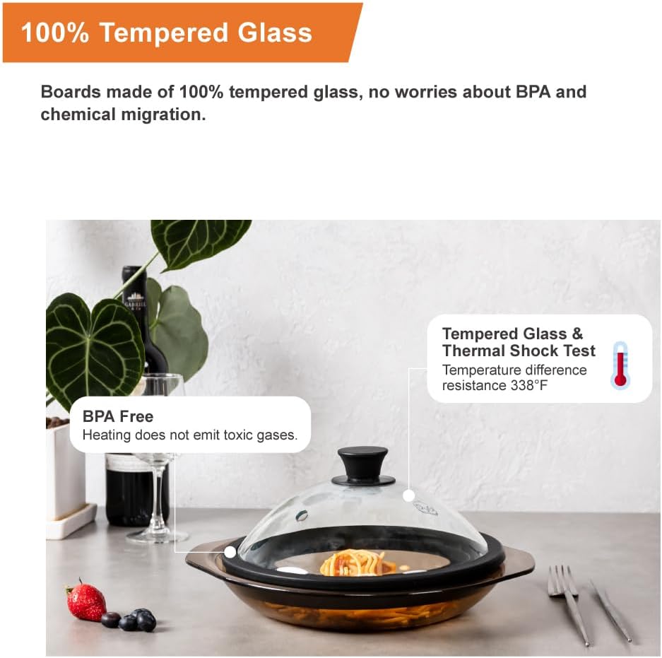 OEC Vented Splatter Guard Microwave Glass Cover with Easy-Grip Handle - 100% Food Grade Tempered Glass & BPA Free Silicone Rim. Compatible with Plates, Dishwasher Safe - 12.5” Diameter – Black