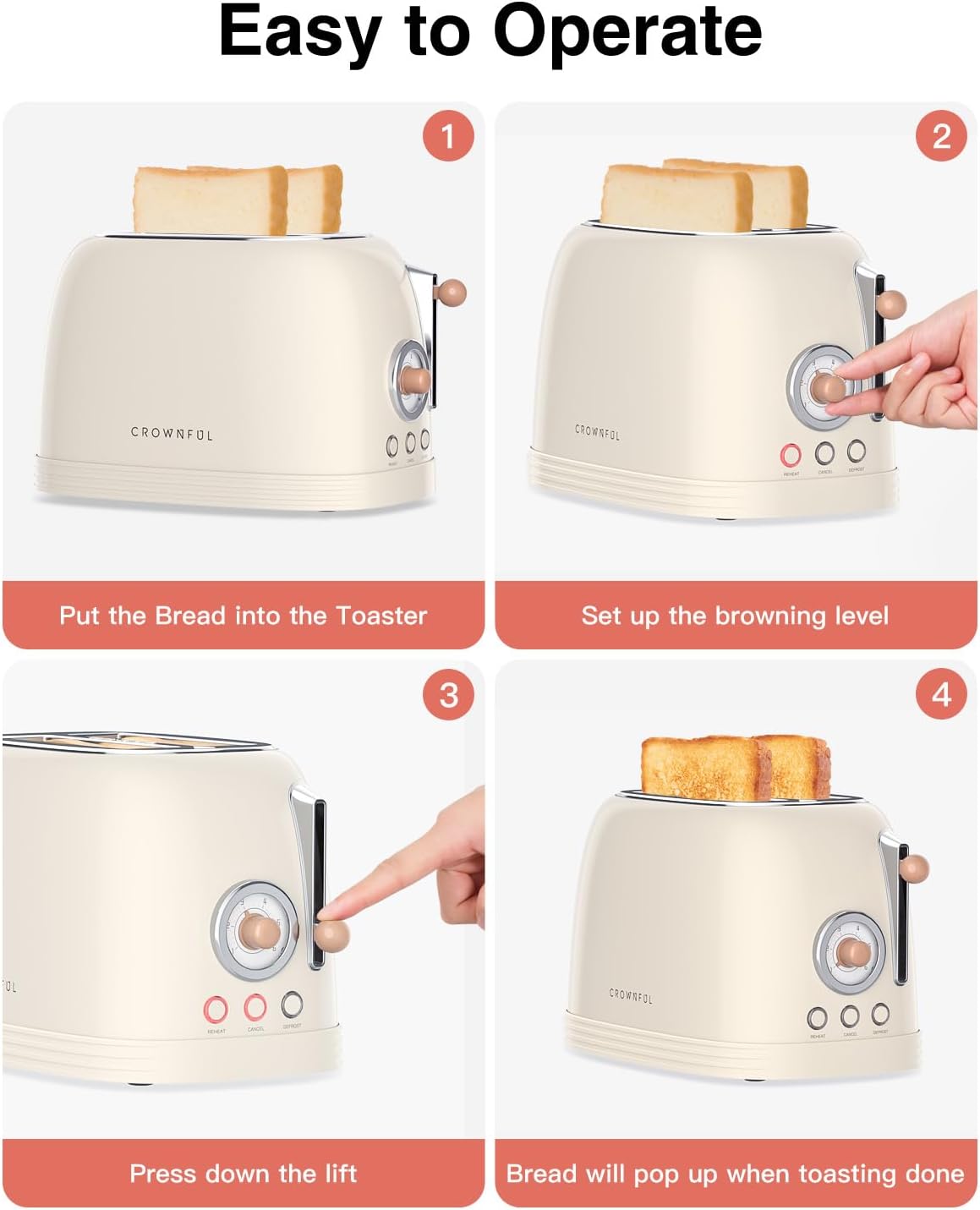 CROWNFUL 2-Slice Toaster, Extra Wide Slots Toaster, Retro Stainless Steel with Bagel, Cancel, Defrost, Reheat Function and 6-Shade Settings, Removal Crumb Tray, Cream