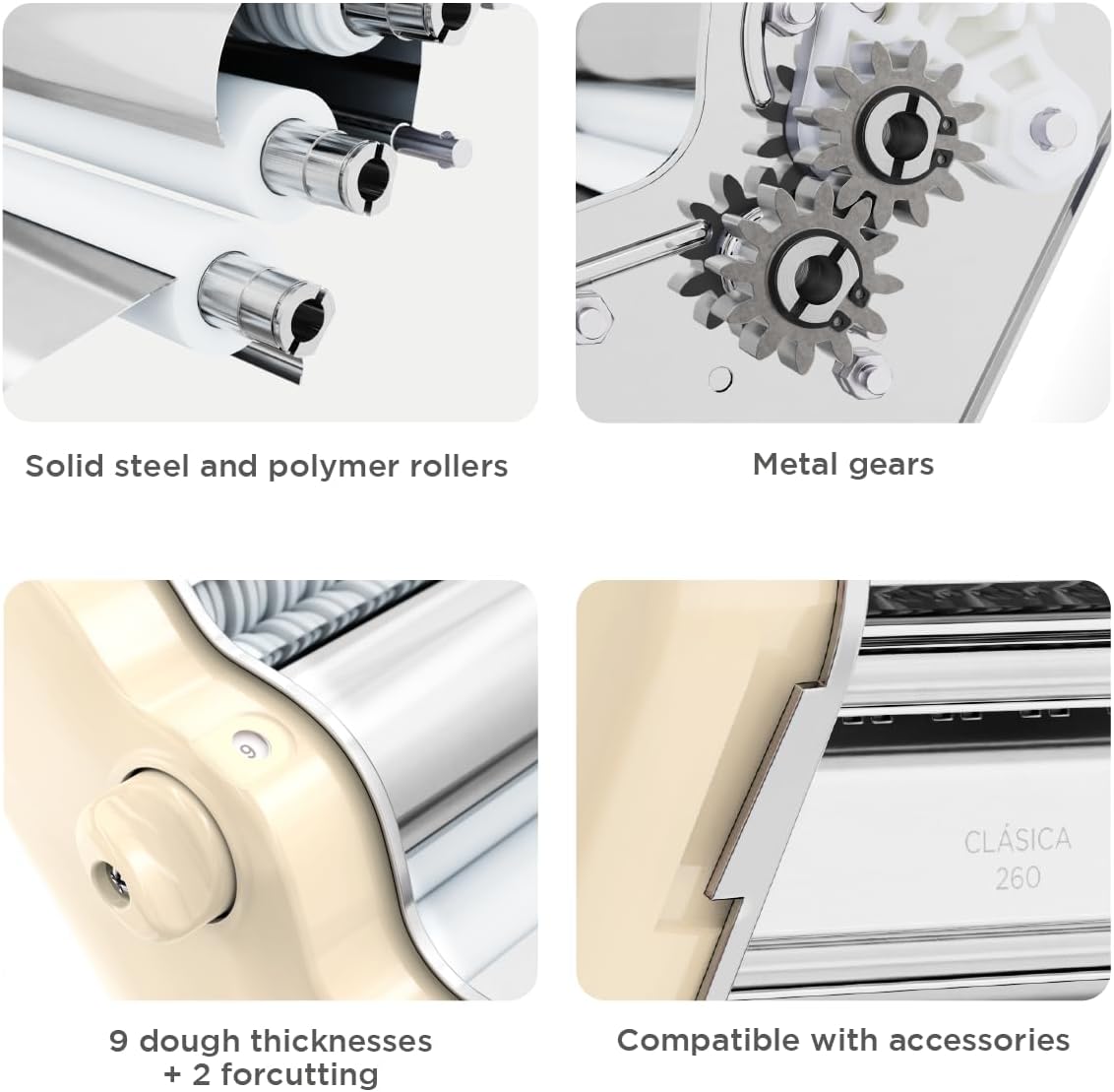 PASTALINDA Classic 260 Pasta Maker Machine, 26 cm Wide Rollers, 9 Thickness Positions, 2 Cutting Positions, Stainless Steel. Includes Reinforced Hand Crank And Two Clamps (Cream)