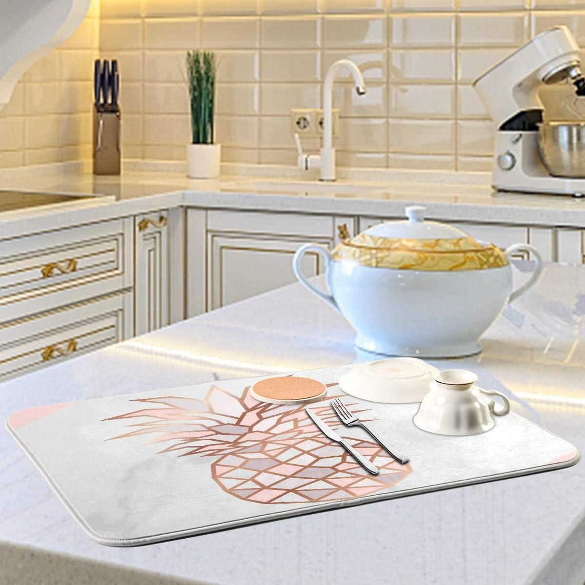 Super Absorbent Dish Drying Mat, Microfiber Fast-Drying Dish Mat, 24" x 18", Kitchen Dish Drying Pad, Rose Gold Pineapple On Pink And White Marble