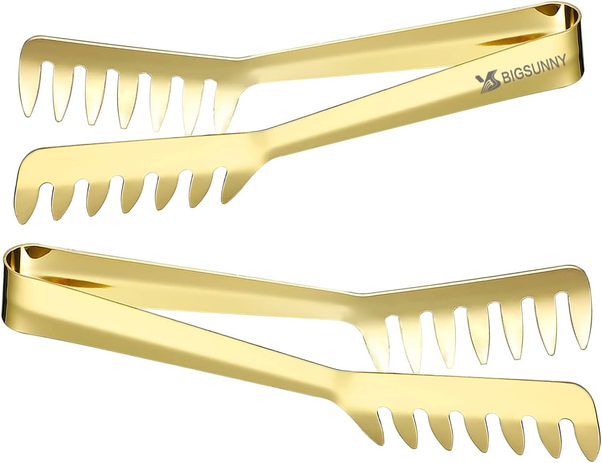MSY BIGSUNNY 8 Inch Stainless Steel Pasta Tongs, Spaghetti Tongs with Teeth, Serving Tongs for Noodles, Spaghetti, Cooking (Set of 2, Shiny Gold)