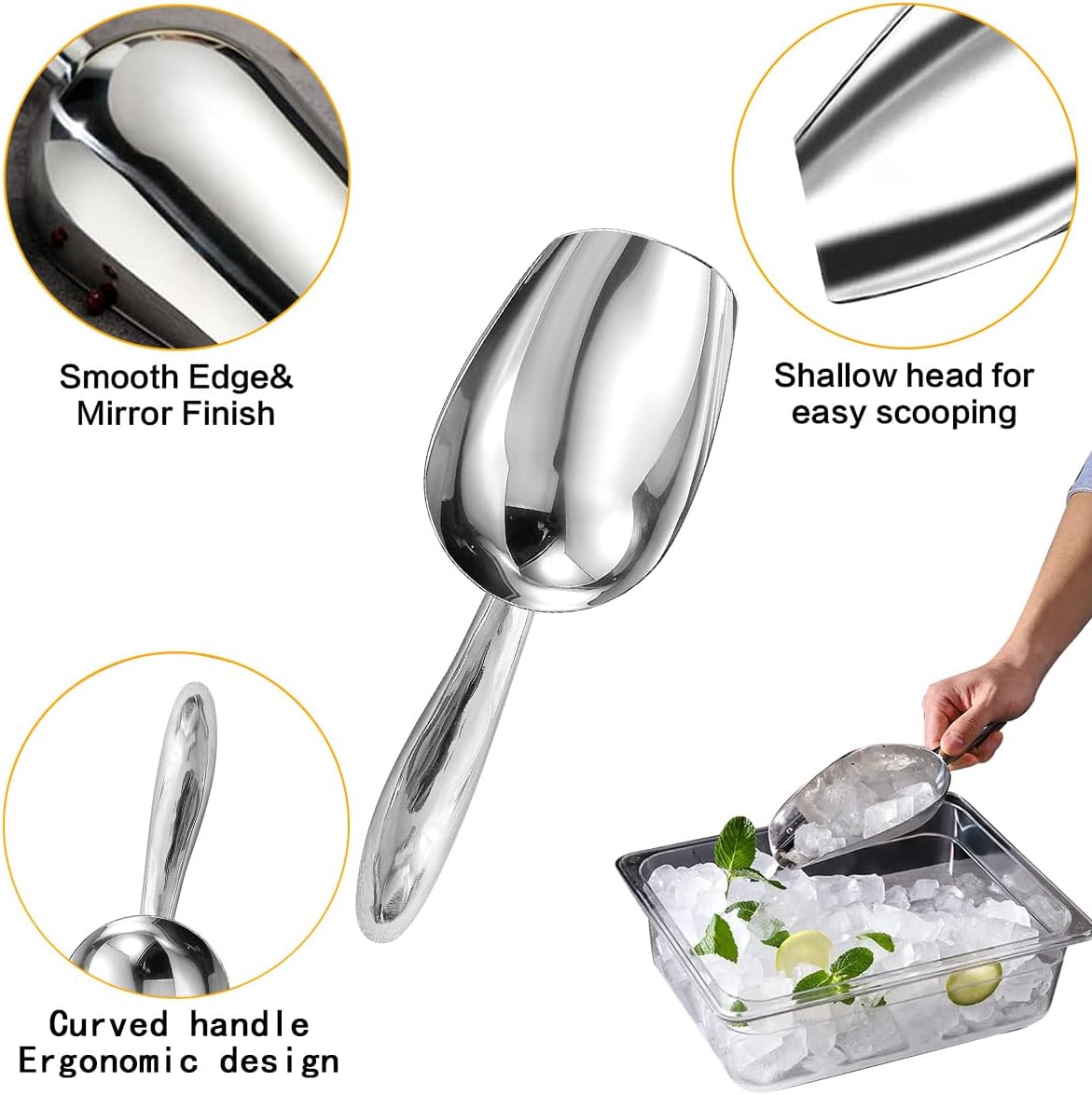 Metal Ice Scoop，Kitchen Ice Scooper for Ice Maker,Stainless Steel Small Ice Scooper for Freezer，Kitchen Gadgets Cookie Flour Pet Dog Food Scoop (Curved handle silver, 3oz)