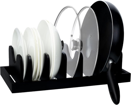MinBoo Bamboo Pot Lid Organizer Pot Lid Holder, Pot and Pan Organizer Drawer Organizer for Pot Lids, Pans, Cutting Boards & Baking Sheets, Dinner Plates, Reusable Containers in Cabinet Storage,Black
