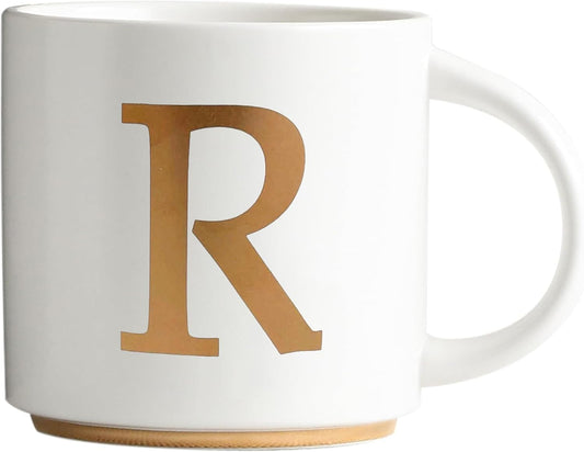 COLLECTIVE HOME - Monogram Ceramic Mugs, 15 oz Golden Initial Coffee Cups, Elegant Alphabet Tea Mugs, Elegant Personalized Mug with Gift Box, Unique Mug with Double Side Capital Letter (R)