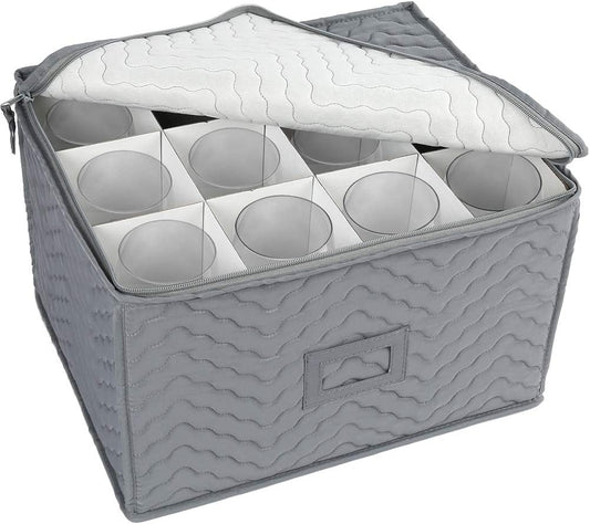 LotFancy Stemware Storage Container - Deluxe Quilted Storage Case with Dividers for 12 - Wine Glasses, Champagne Flutes, Glassware, Drinkware Storage Box Chest, 15.5"x12.5"x 10", Gray