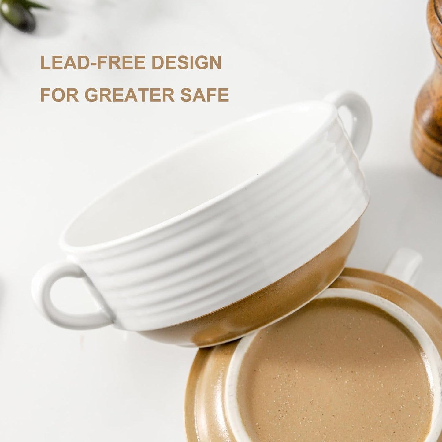 Hasense Ceramic Soup Bowls with Handles, 20 oz Oven Safe French Onion Soup Bowls Set of 6, White Serving Dishes for Entertaning, Ideal for Soup, Salad, Stew, Microwave & Dishwasher Safe