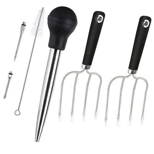 KAYCROWN Turkey Baster and Roast Lifters with Non-Slip Handle, Rubber Baster with 2 Marinade Needles & Stainless Steel Poultry Forks Set