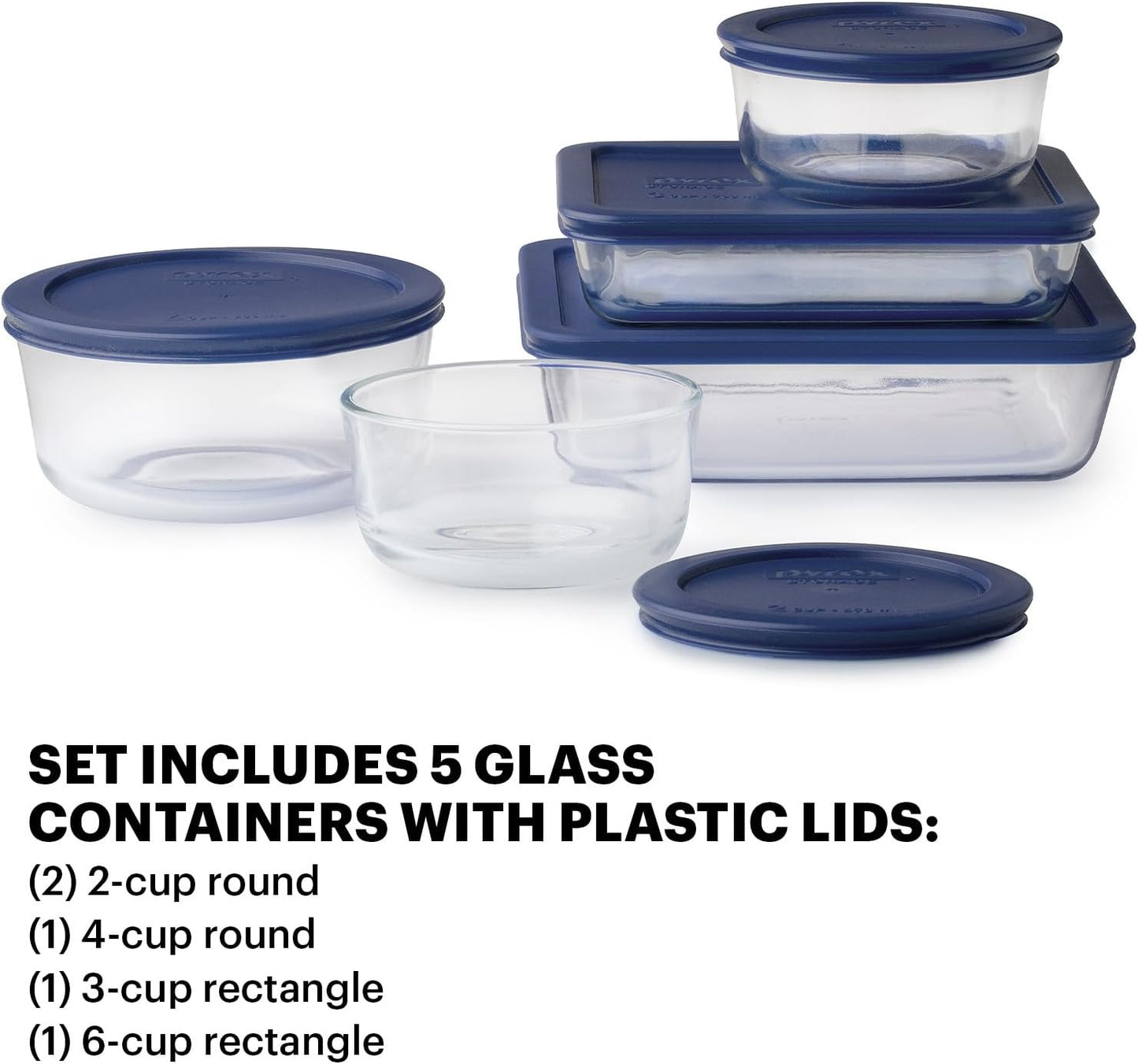 Pyrex Simply Store (5-Pack) Medium Glass Food Storage Containers Set, (3, 4 & 6 Cup) Meal Prep Containers With BPA-Free Lids, Dishwasher & Microwave Safe