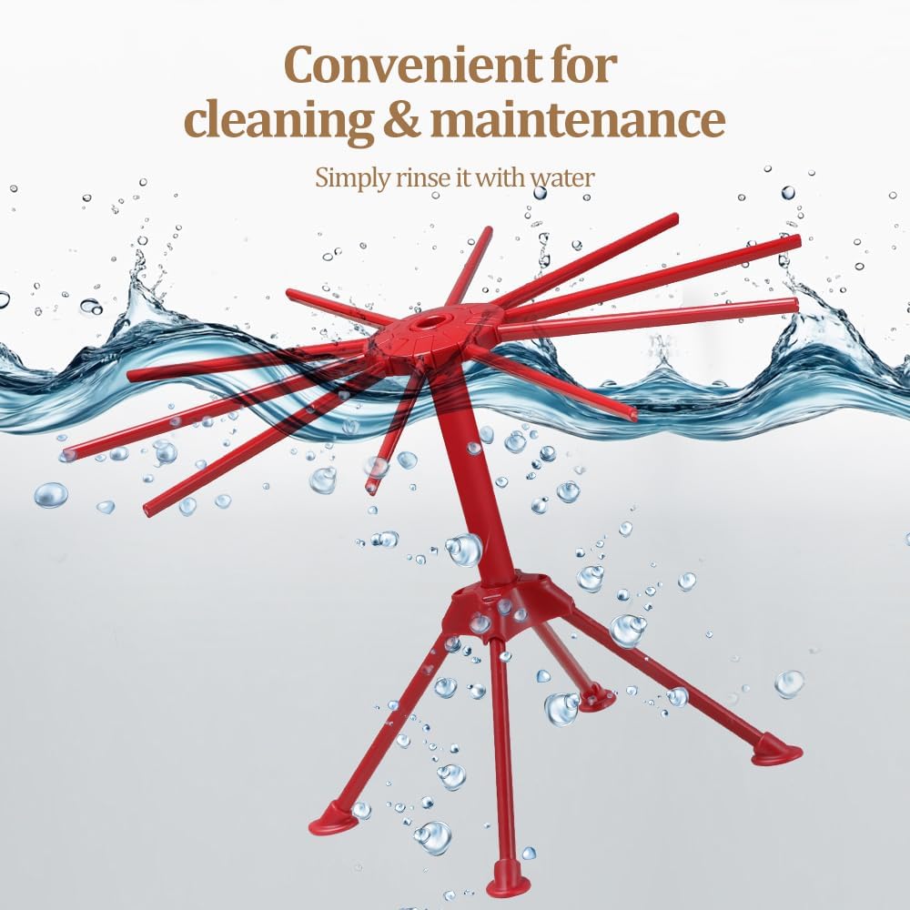 Ourokhome Collapsible Pasta Drying Rack, Plastic Foldable Homemade Fresh Spaghetti Stand Dryer Noodle Hanger for Kitchen with 10 Arms, Stable, Easy Storage, Quickly Set Up (Red)