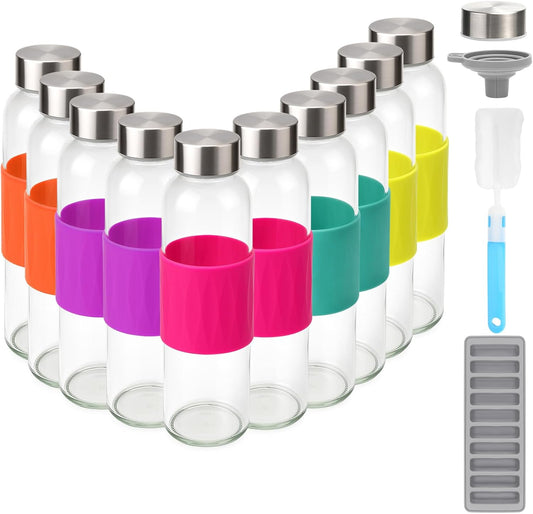 Zukro Glass Water Bottles with Lids 18 oz, Reusable Clear Juice Bottles Stainless Steel Airtight Cap for Juicing, 100% Leak Proof Juice Drinking Jar With Sleeve for Refrigerator, BPA Free, Set of 10