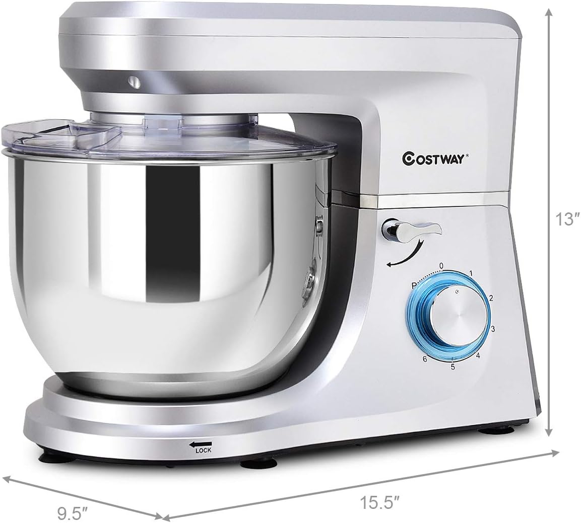 COSTWAY Stand Mixer, 7.5-Quart 660W 6-Speed Electric Mixer with Stainless Steel Bowl, Tilt-head Food Mixer with Dough Hook, Beater, Whisk (Sliver)