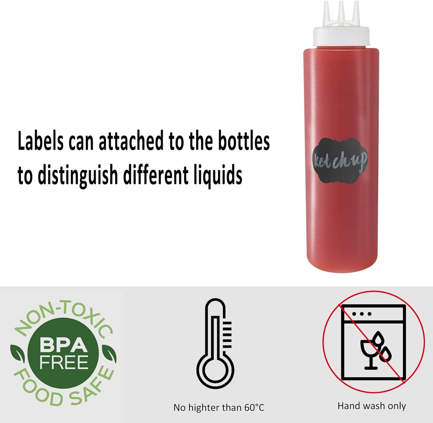 4 Pack 32oz/1000ml Plastic Squeeze Bottles 3-Hole Squirt Condiment Bottles Tomato Sauce Dispensers for Ketchup BBQ Dressing Paint Workshop Pancake Art Craft with 8 Chalk Labels and 1 Pen