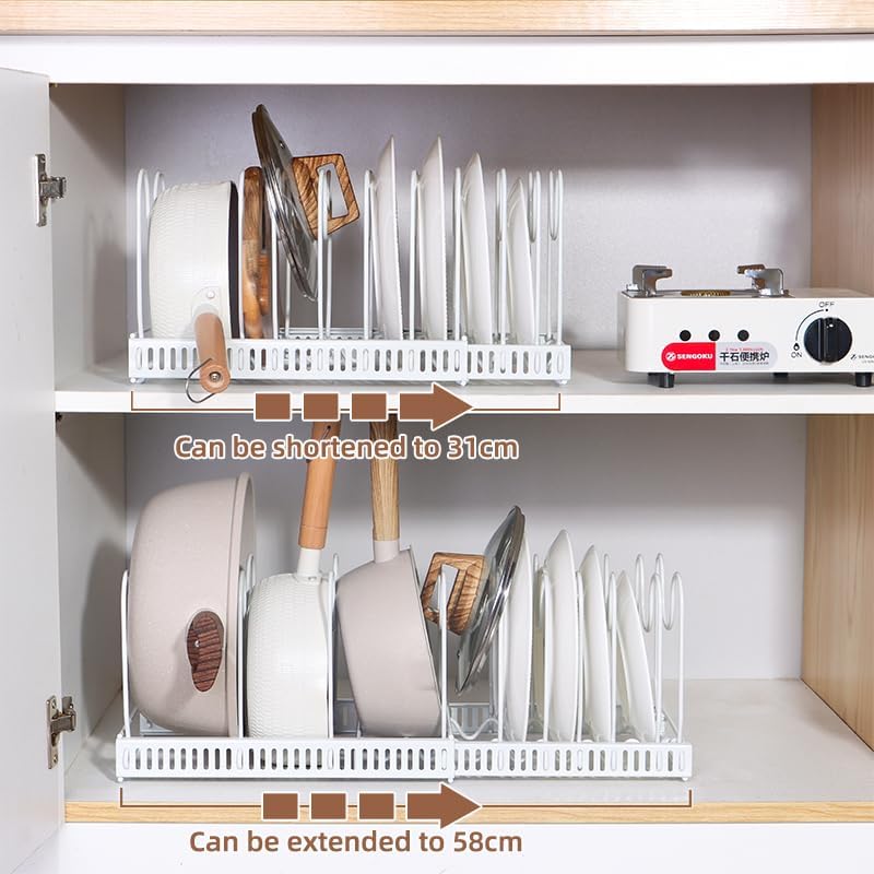 Expandable Pots and Pans Organizer Rack, Pot Lid Kitchen Cabinet Organizer Holder with 10 Adjustable Compartment, Cookware Rack for Kitchen Cabinet Storage, White