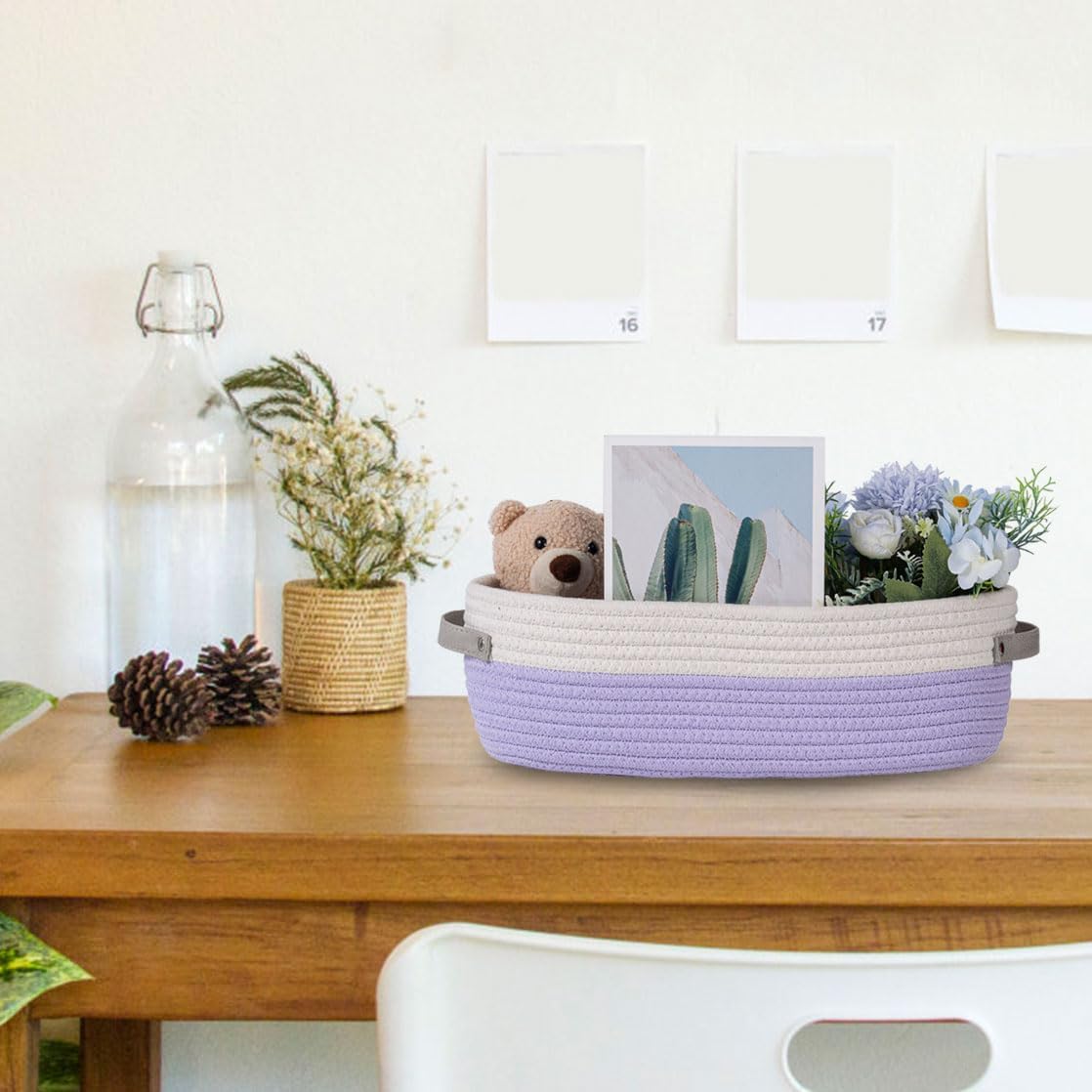 Cotton Rope Woven Basket Toilet Paper Organizer - Decorative Storage Basket for Boho Decor - 13"x5.9"x4" Purple