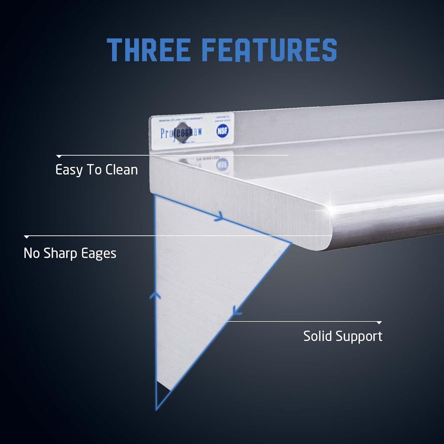 Profeeshaw NSF Stainless Steel Shelf 14” x 24”, 250 lb Commercial Shelves Wall Mounted Metal Shelving with Backsplash and 2 Brackets for Restaurant, Bar, Utility Room, Kitchen and Garage