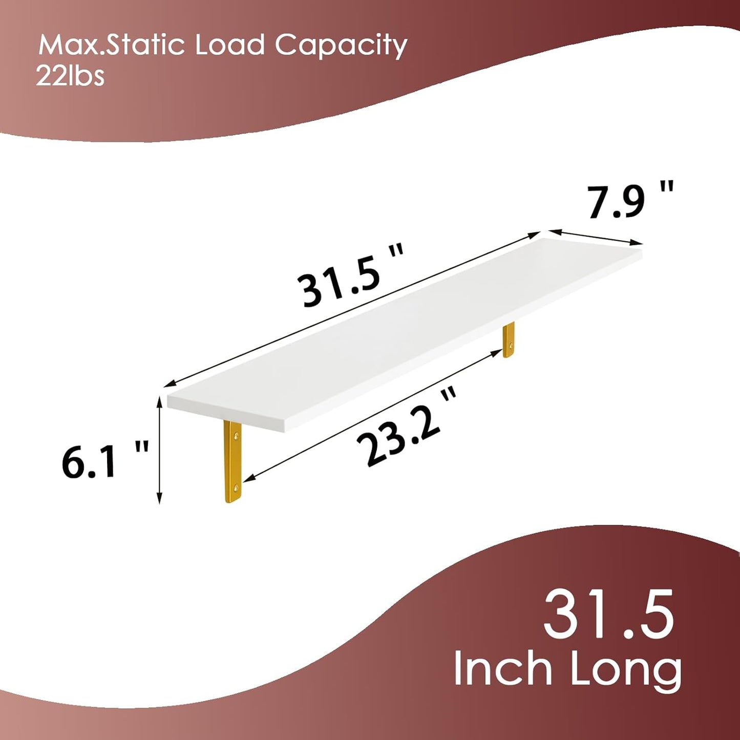 DINZI LVJ Long Wall Shelves, 31.5" Wall Mounted Shelves Set of 4, Large Floating Shelves with Metal Brackets, for Living Room, Bathroom, Bedroom, Kitchen, White and Gold