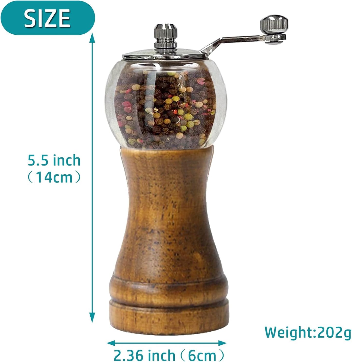Pepper Mill Set, Manual Pepper Mills, Classical Hand Shake Wooden Pepper Grinder Set or Salt Grinder, Salt Mills Ceramic Blades Metal Handle, Enjoy Fresh Ground spices (Antique 1pcs-6in)