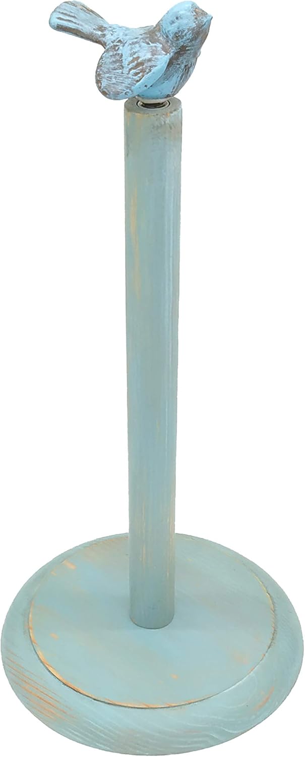 Bird Design Wood Paper Towel Holder Stand Up Paper Towel Holder, Easy One-Handed Tear Kitchen Paper Towel Dispenser with Weighted Base for Standard Paper Towel Rolls - Turquoise