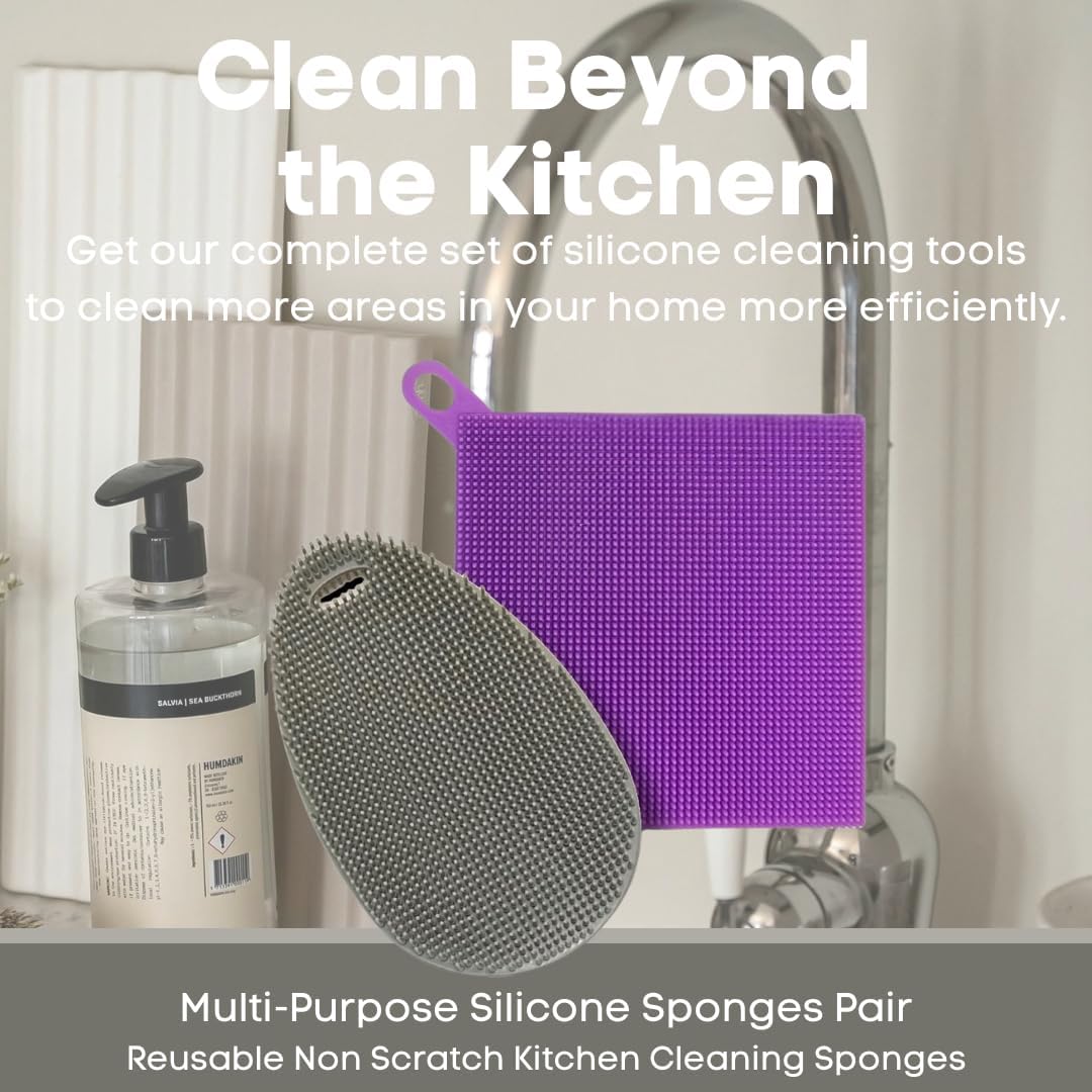 Silicone Dish Sponge Dish Scrubber (Oval and Square) - Dual-Sided, Food Grade Silicone Sponges for Dishes and Housecleaning 2-Pack