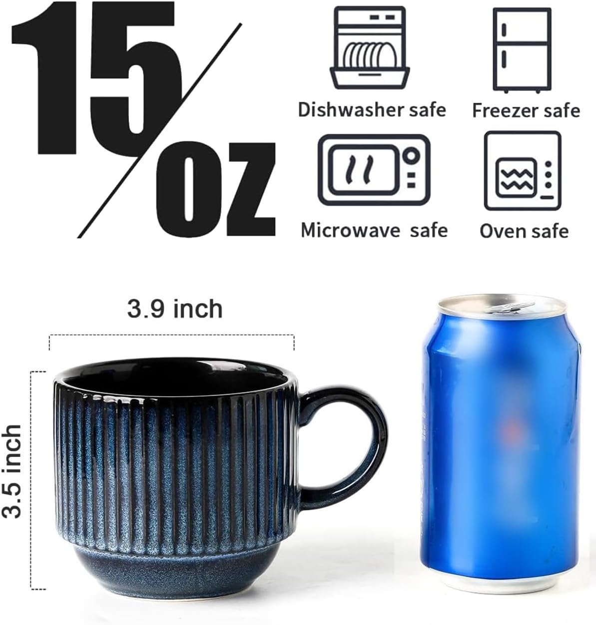 Hasense Coffee Mug Ceramic Set of 2 with Stand - 15 oz Stackable Coffee Cups for Wedding & Housewarming Gifts - Microwave Dishwasher Safe, Navy Blue