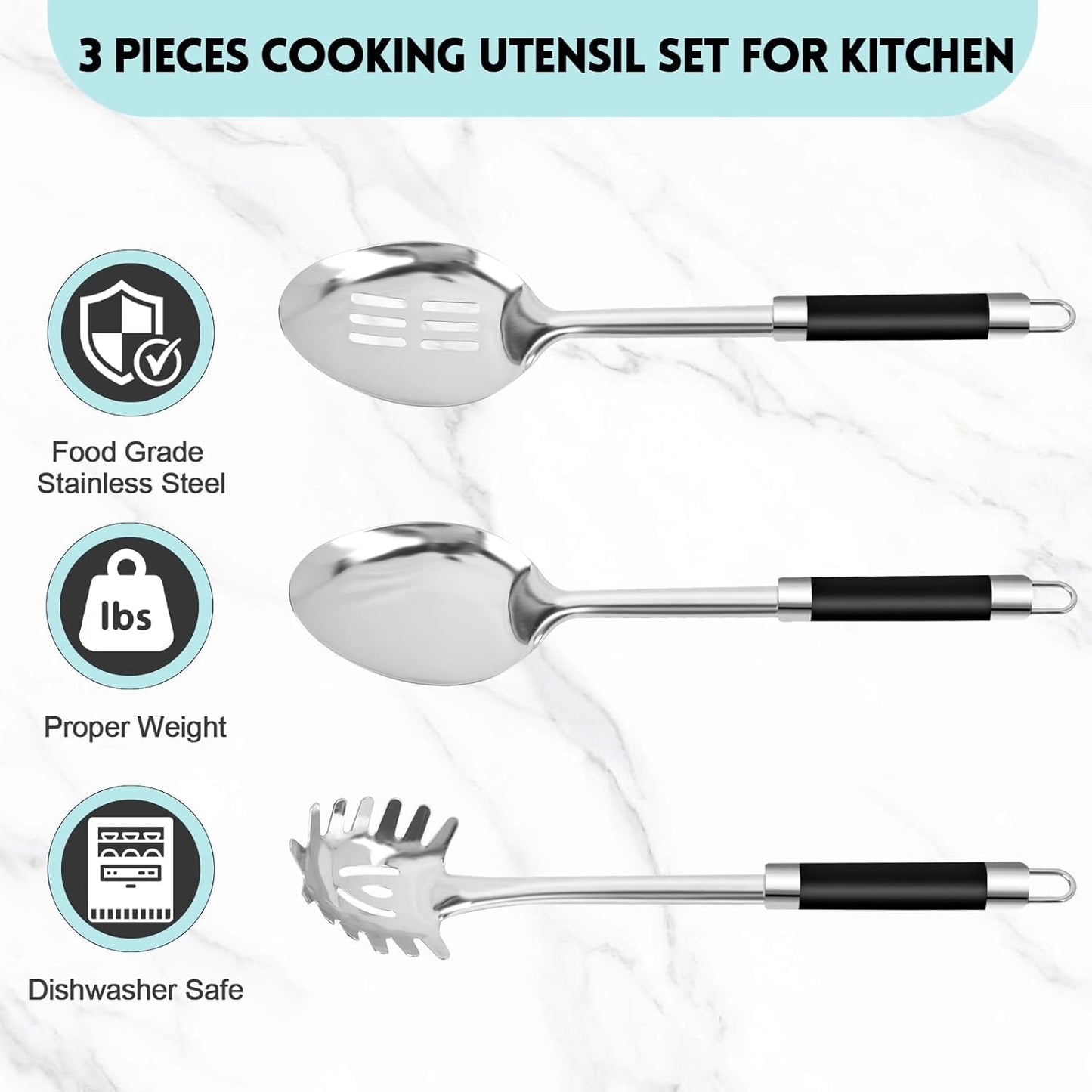 3-Piece,Stainless Steel Serving spoons set with Slotted Spoon, Serving Spoon and Spaghetti Spoon, kitchen cooking serving utensils set cooking spoon.