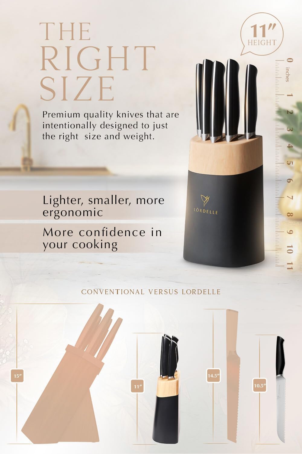 Lordelle Knife Block Set - 5 Piece Set - Black Vintage Ink - Lifestyle Home Kitchen Design - German X50 Stainless Steel - ABS Handle - Ash Wood Block - Cooking Chef Knife, Santoku, Paring, Utility