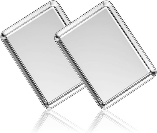 Stainless Steel Baking Sheet Set of 2, Deedro Cookie Sheet Metal Baking Pan Oven Tray, Non Toxic & Heavy Duty, Rust Free & Mirror Finish, Easy Clean & Dishwasher Safe, 9 x 7 x 1 Inch