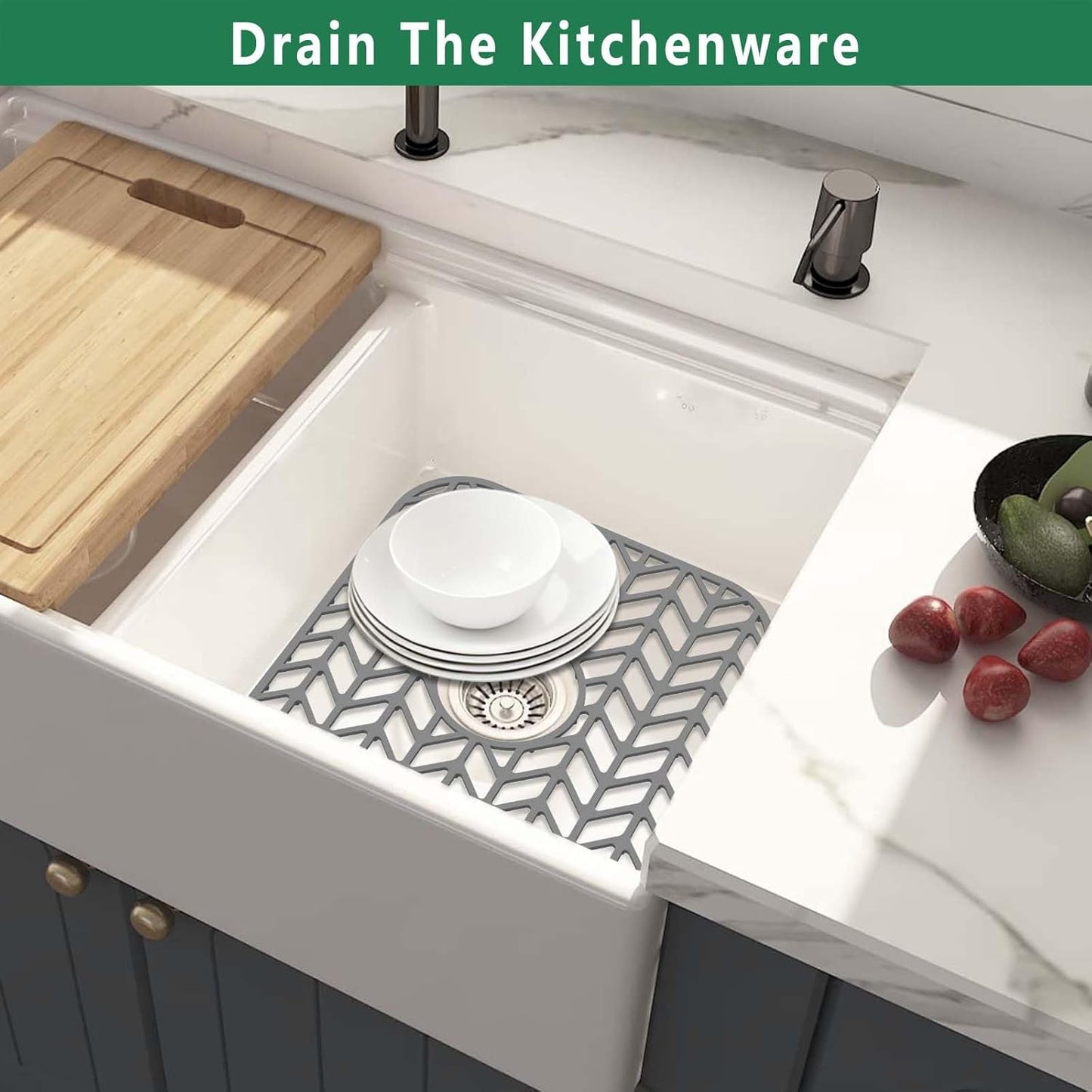 GUUKIN Sink Protectors for Kitchen sink, 12.25"x 11.5" Folding Non-slip Silicone Sink Mat Grid for Bottom of Farmhouse Stainless Steel Porcelain with Central Hole Pack of 2