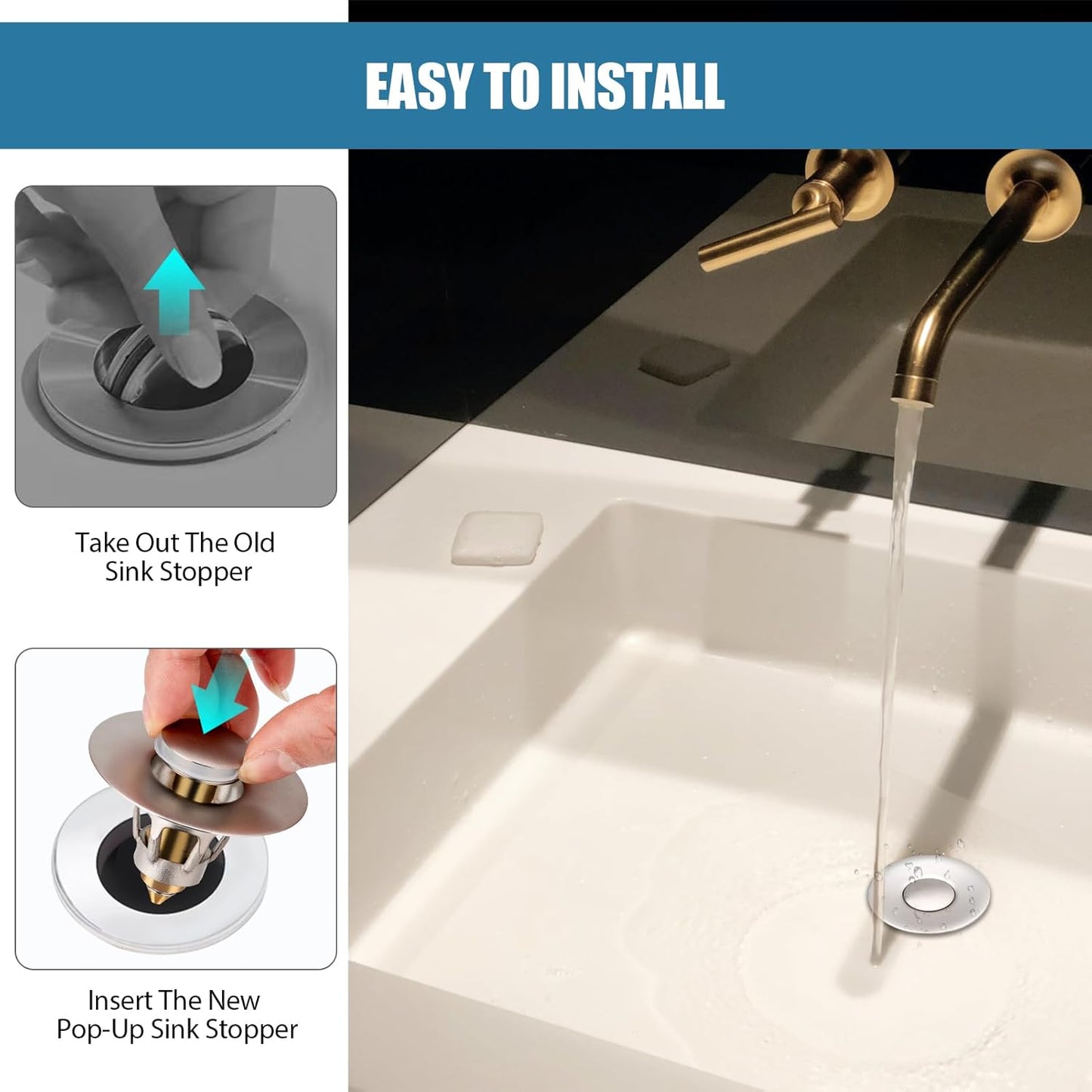 Three colors Brushed Nickel Bathroom Sink Stopper, 1.1-1.5" Bathroom Sink Drain Strainer, Universal WashBasin Pop Up Drain Stopper, Bounce Core Push Type Sink Plug, Anti-Clogging (1PCS)