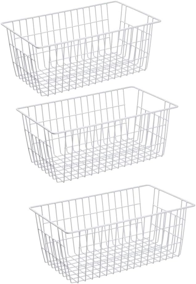 Slideep Farmhouse Metal Wire Basket, Fridge Freezer Storage Organizer Bins with Handles for Kitchen Cabinets, Pantry, Closets, Bedrooms, Bathrooms, White 3 Pack