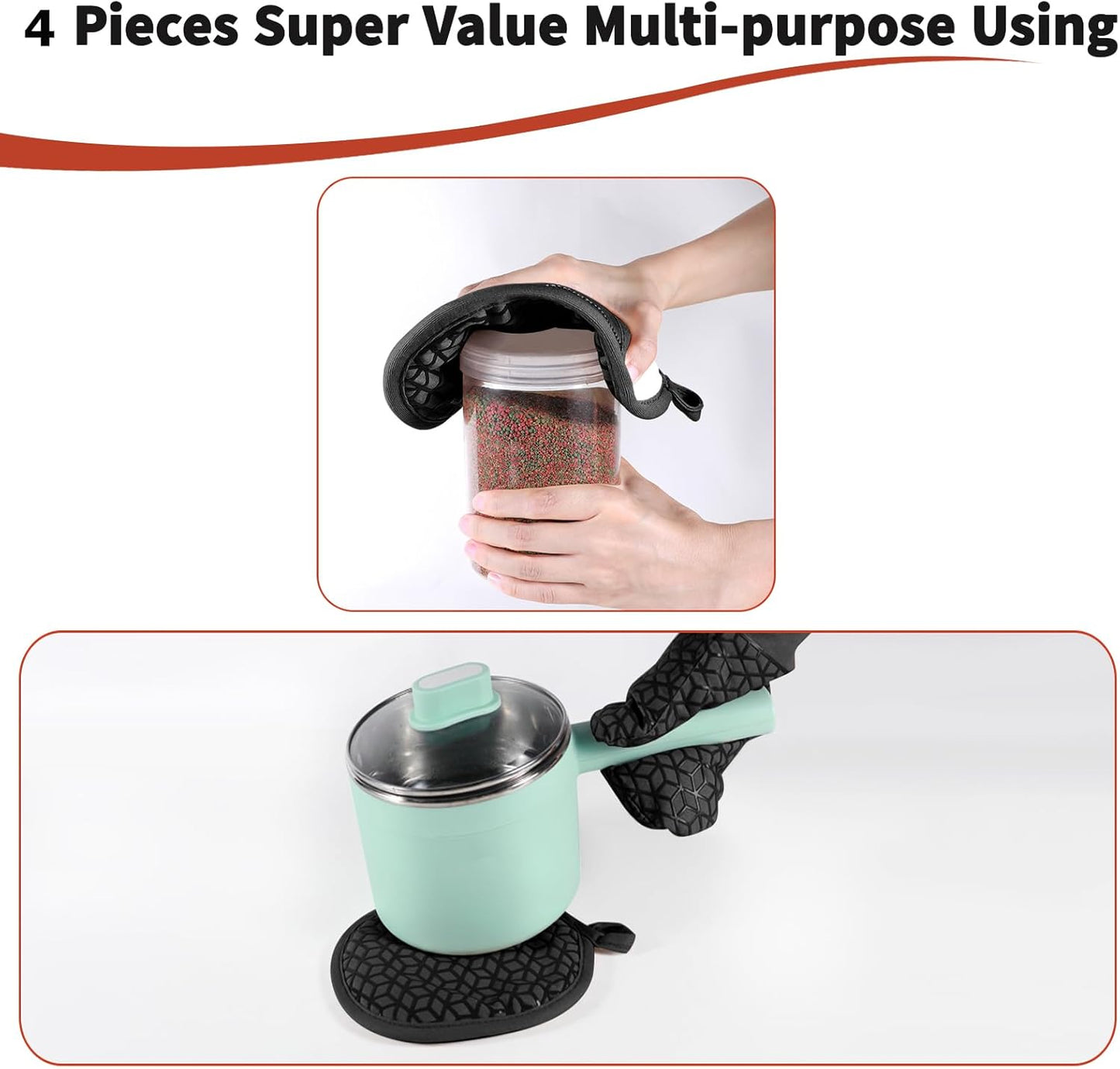 Oven Mitts and Pot Holders,500 ℉ Heat Resistant Oven Mitts Sets,Silicone Oven Gloves, Non-Slip Silicone Textured Grip,Black