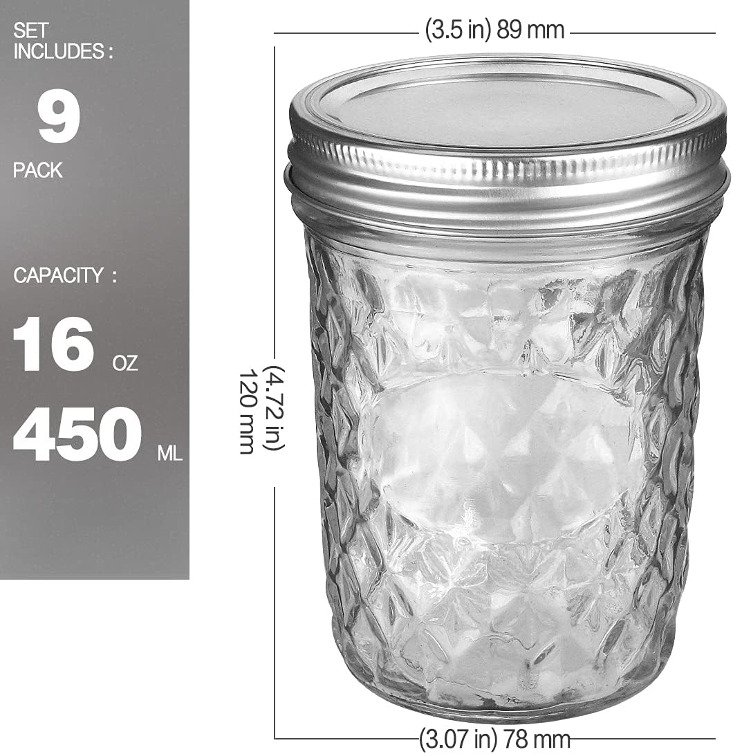 VERONES Wide Mouth Mason Jars 16oz, 9 Pack 16 oz Wide Mouth Mason Jars with Lids and Bands, Ideal for Jam, Honey, Wedding Favors, Shower Favors