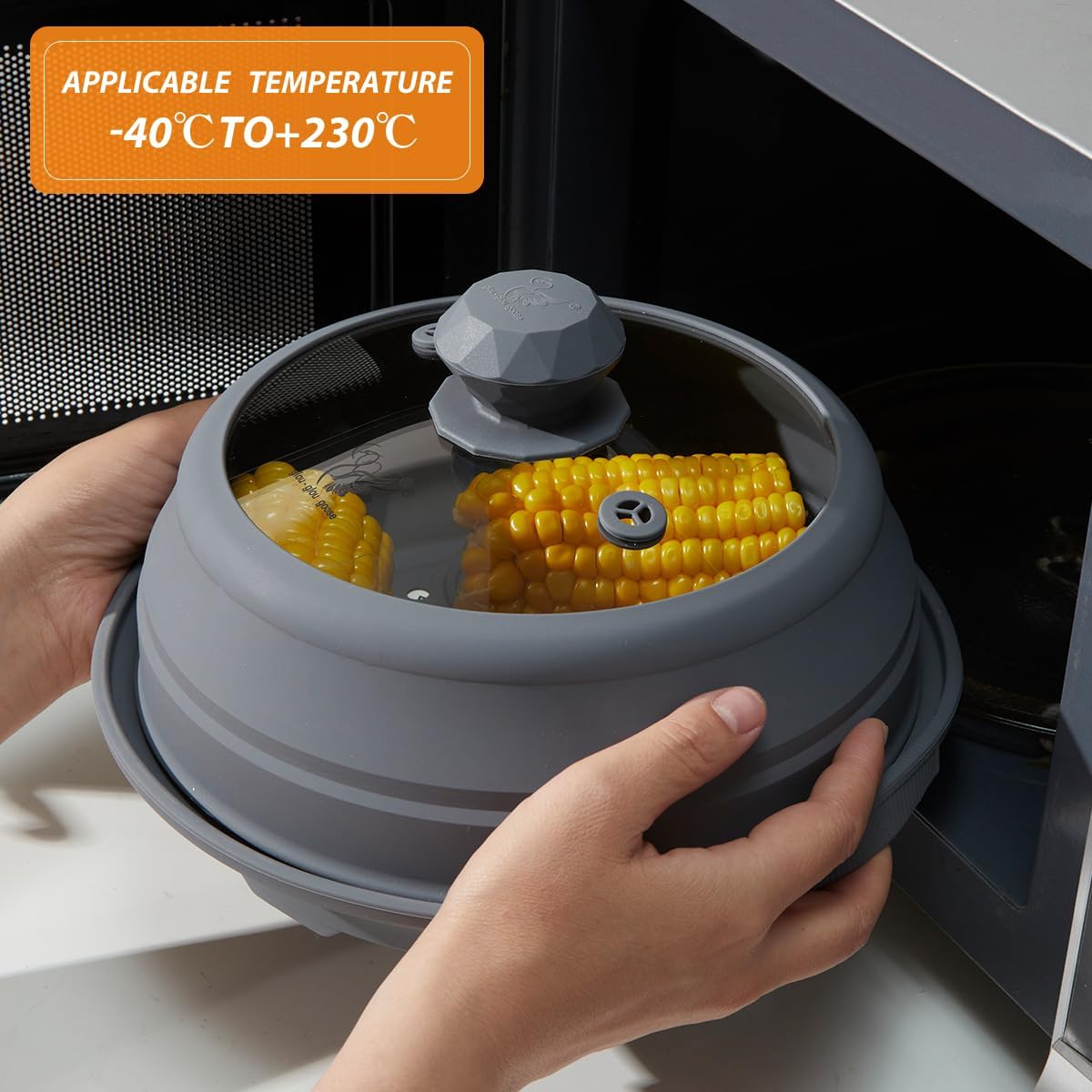 Microwave Splatter Silicone Cover Collapsible, Vented Multifunction Splash Lid with Glass Dish Bowl Plate for Food Cooking Bacon Maker, Dishwasher Safe BPA-Free 9 inch Cookware Set Grey